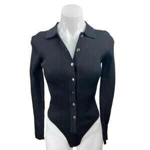 SER.O.YA Black Ribbed Button Up Collar Long Sleeve Polo Sweater Bodysuit Top XS